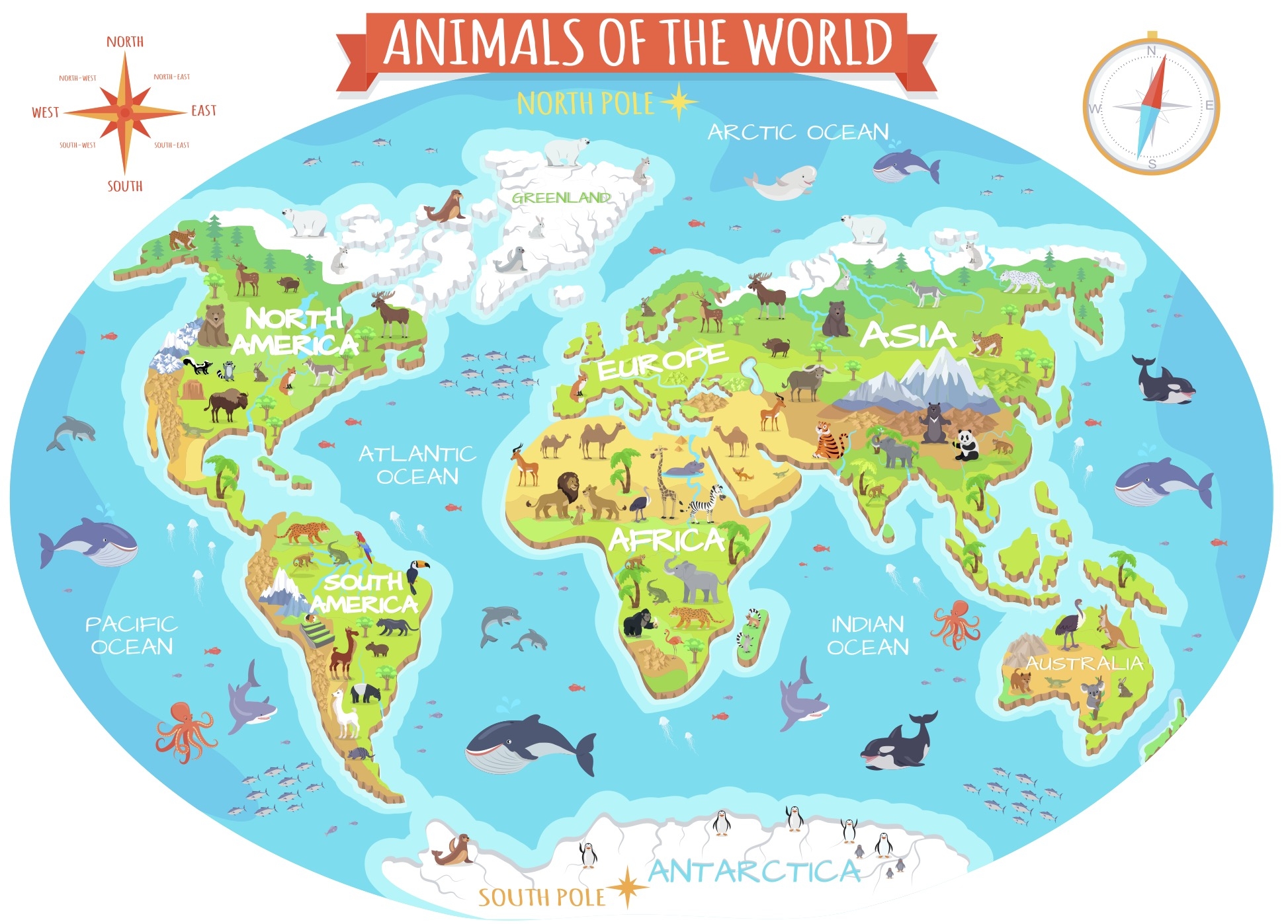 Väggdekal - Världskarta / Animals of the World