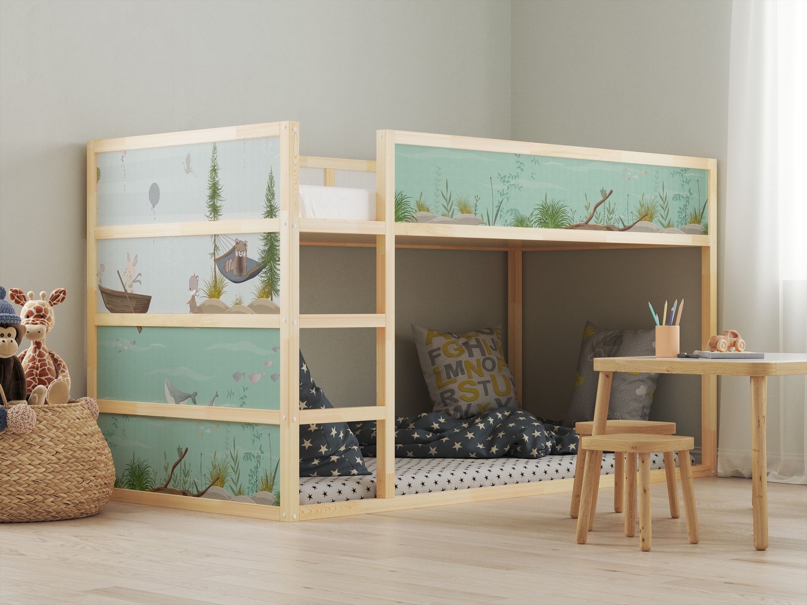 Självhäftande klistermärken – för Ikea KURA-säng / - Klistermärke - Djungelvänner