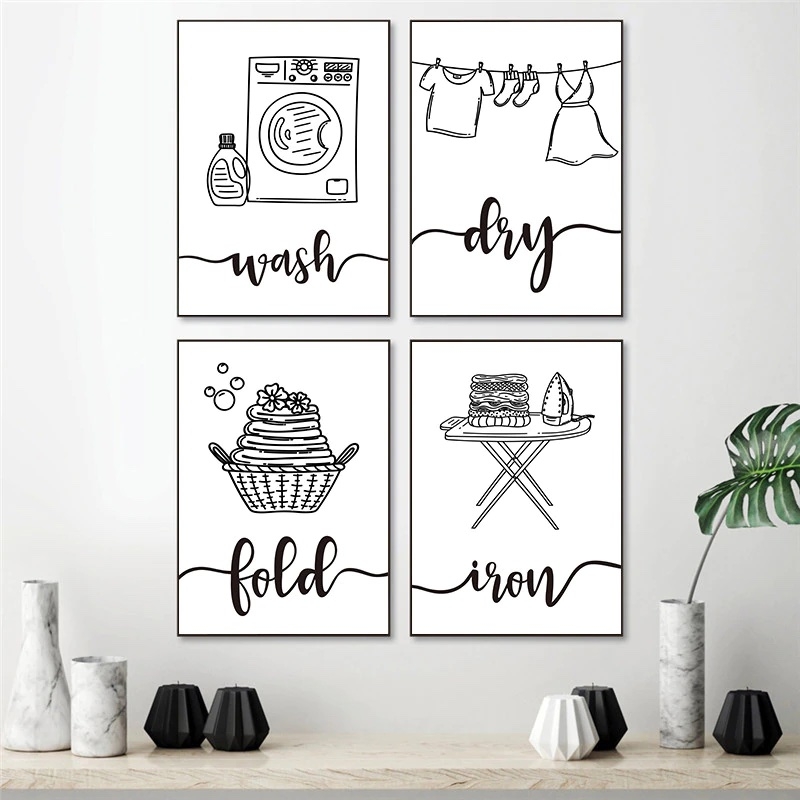Posters - Tvätt / Wash, Dry, Fold, Iron / Set om 4