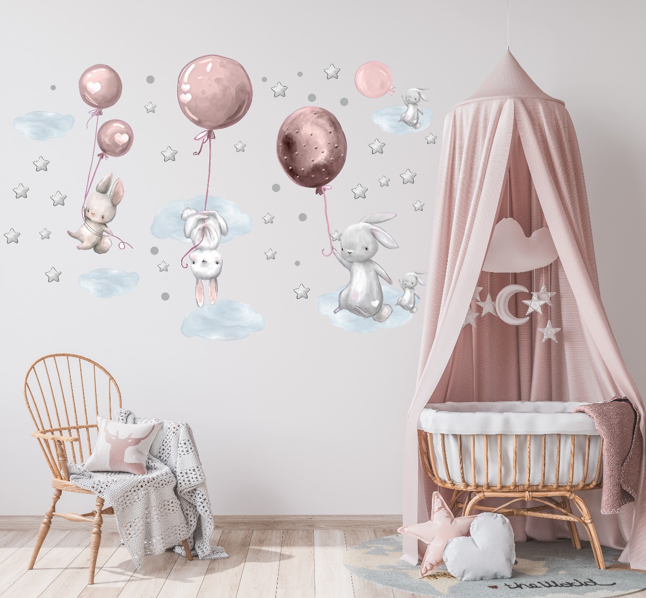 Väggdekal - Kaniner med rosa ballong och moln