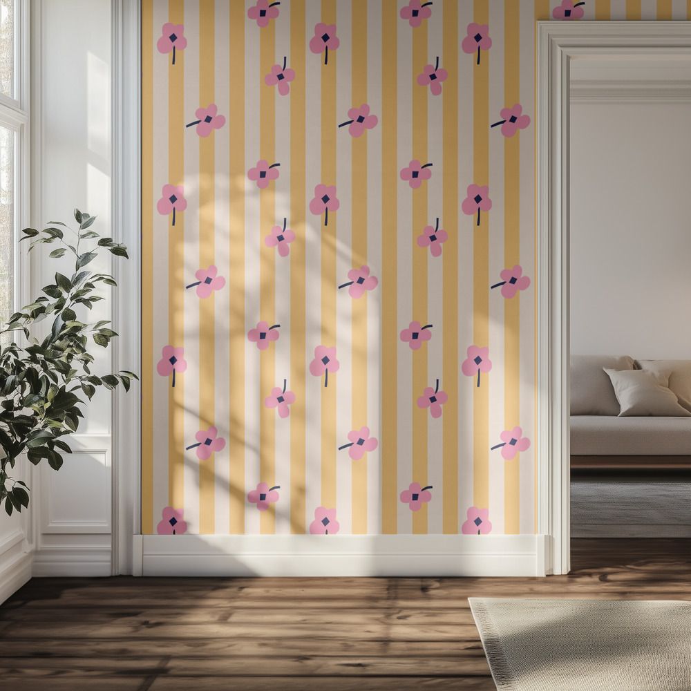 Tapet - Rosa Blommor Ränder