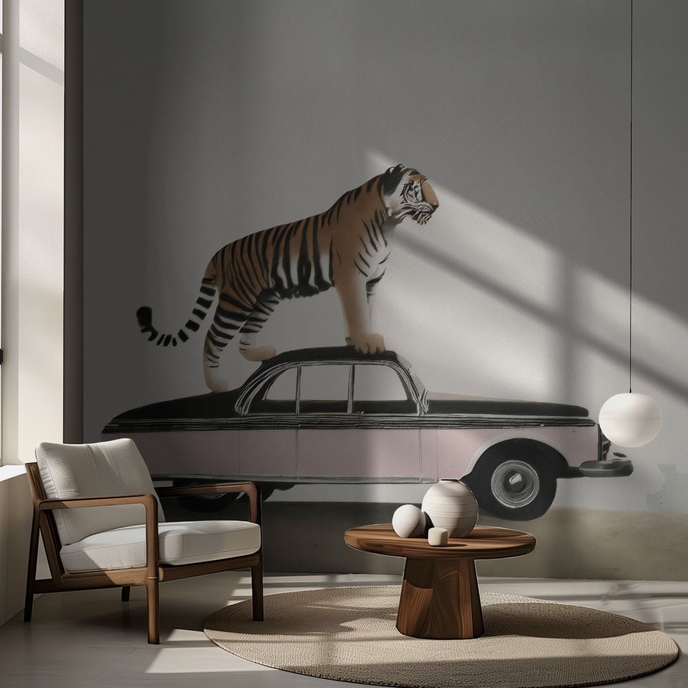 Tapet - Tiger på Bil